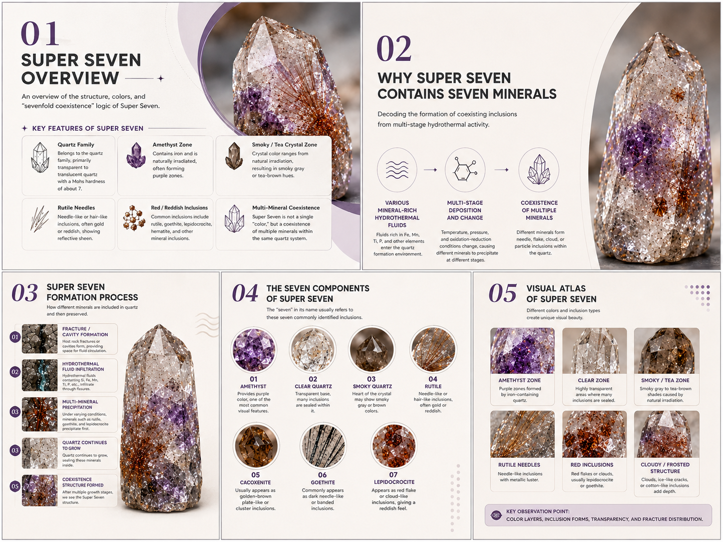 Close-up of Super Seven crystal showing purple amethyst, golden rutile needles, and reddish-brown inclusions